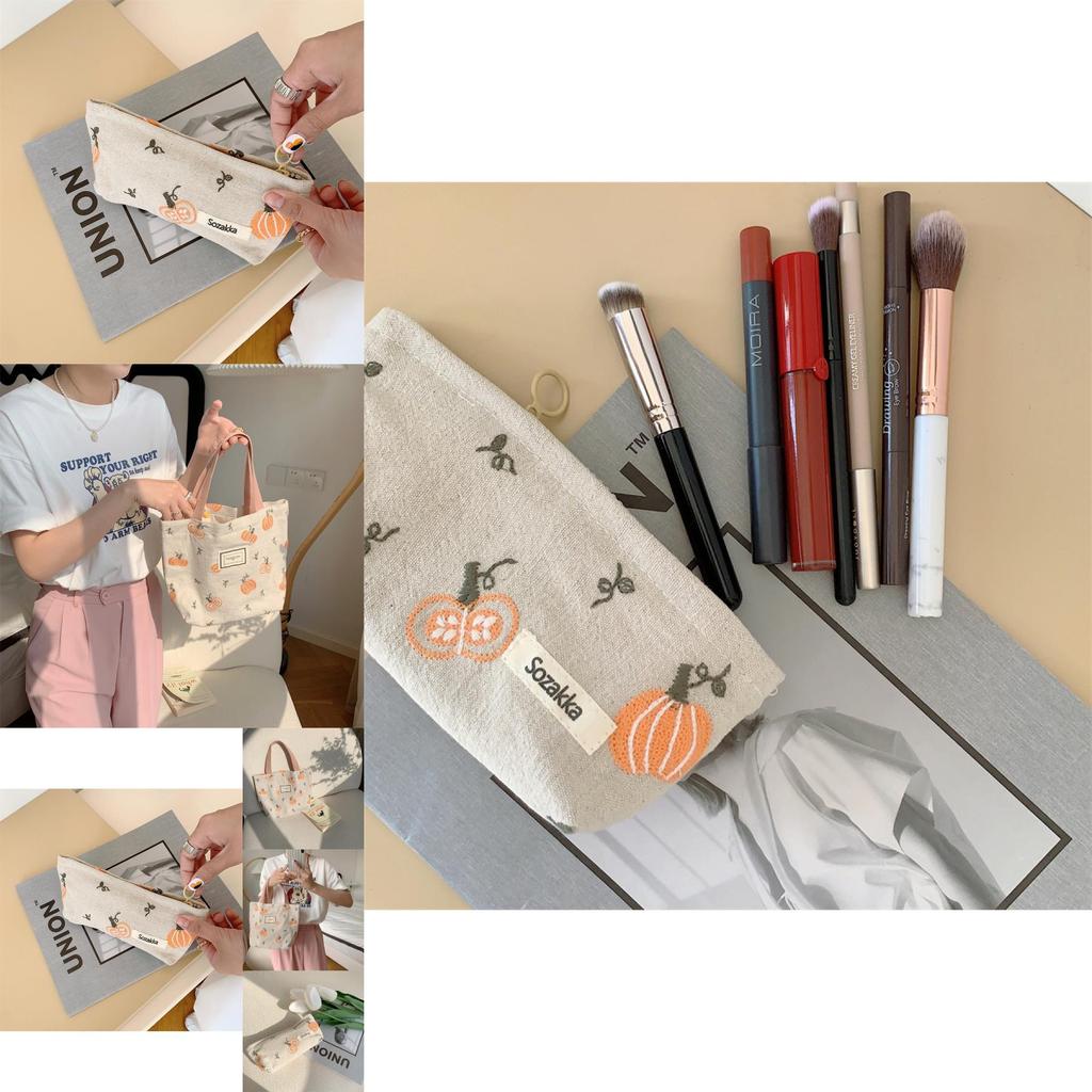 Trendy Canvas Tote Bag With Pumpkin Embroidery Large Capacity Beige Handbag