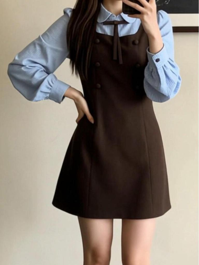 Women's Winter 2026 Korean Style Two-Piece Suspender Shirt Dress Set