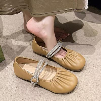 Mary Jane Women's Shoes 2025 One-word Soft-soled Single Shoes Women's Autumn New Flat-soled Buckle Night Rhinestones