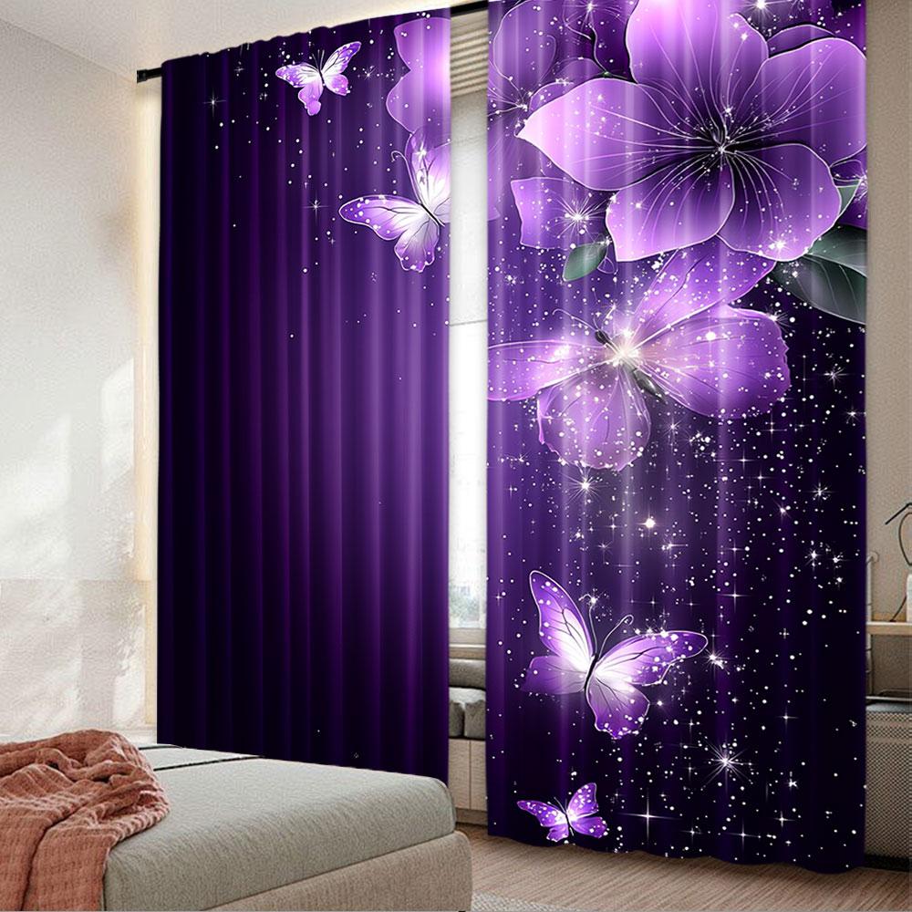 2Pcs Purple Vibrant Dancing Butterflies And Flowers Printed Curtain Suitable For Bedroom Bathroom Living Room Dining Room Study
