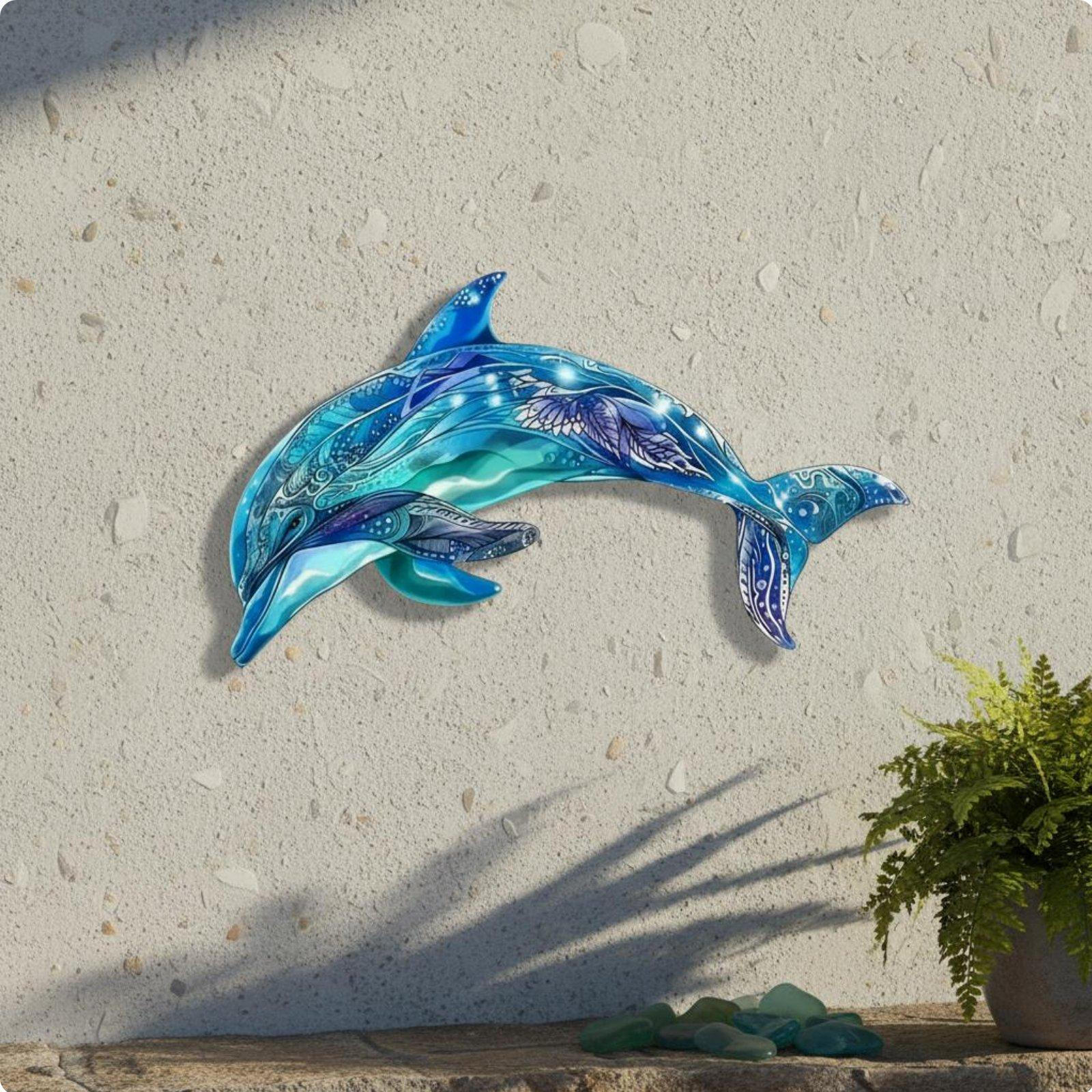 Metal Dolphin Wall Art Vivid Colors Wrought Iron Sea Theme Sculpture for