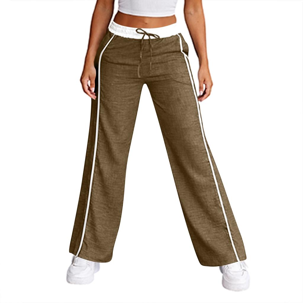 Women's Fashion Color Blocked High Waist Straight Leg Wide Leg Pants Pocket Casual Pants