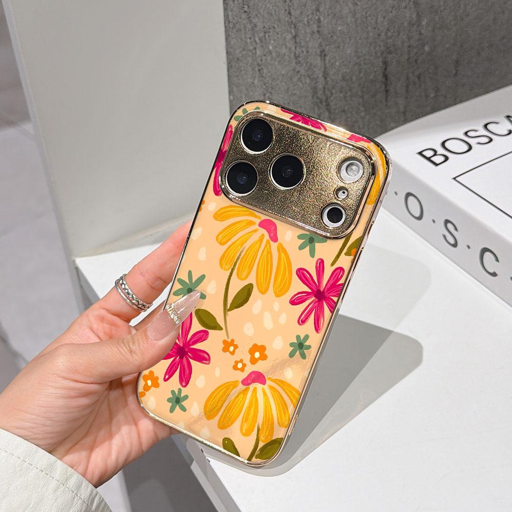 

Lucky Start Phone Case For iPhone 17 16 15 14 13 12 11 Pro Max 16E Gold Electroplated glass shell Bright Flowers Cover IPHONE15