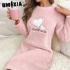 GMXIA Herbst und Winter Damen Rosa Liebe Flanell Langarm Verdicktes Nachthemd Set von Kopf In Der Langen Sektion von Niedlichen Homewear Nachthemden