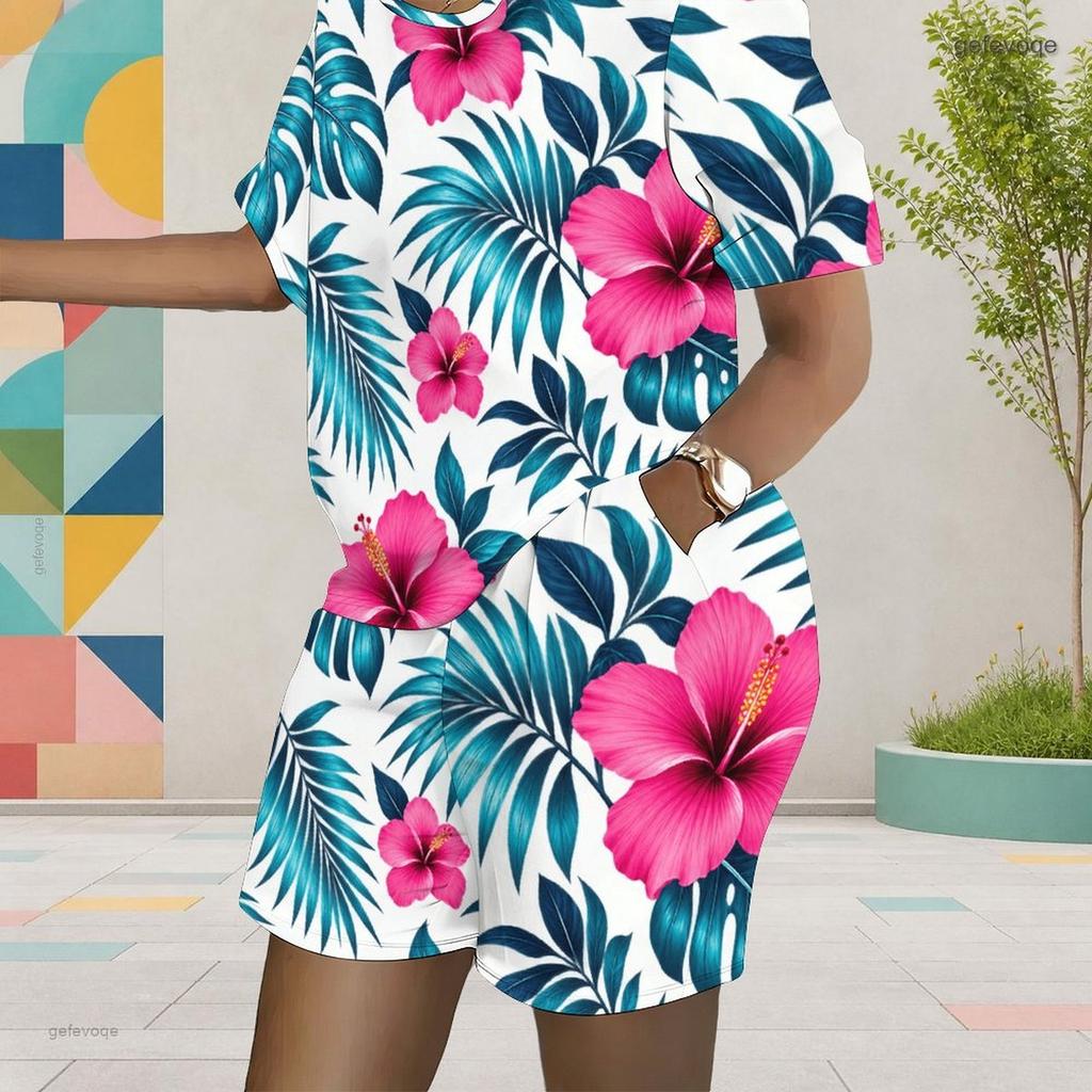 Women Plus Size Yellow White Printed Round Neck Short Sleeve Top Pocket Shorts Two Piece Set