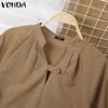 VONDA Women's Summer Standing Collar Bubble Short Sleeve Tie Button Solid Colour Loose Blouse