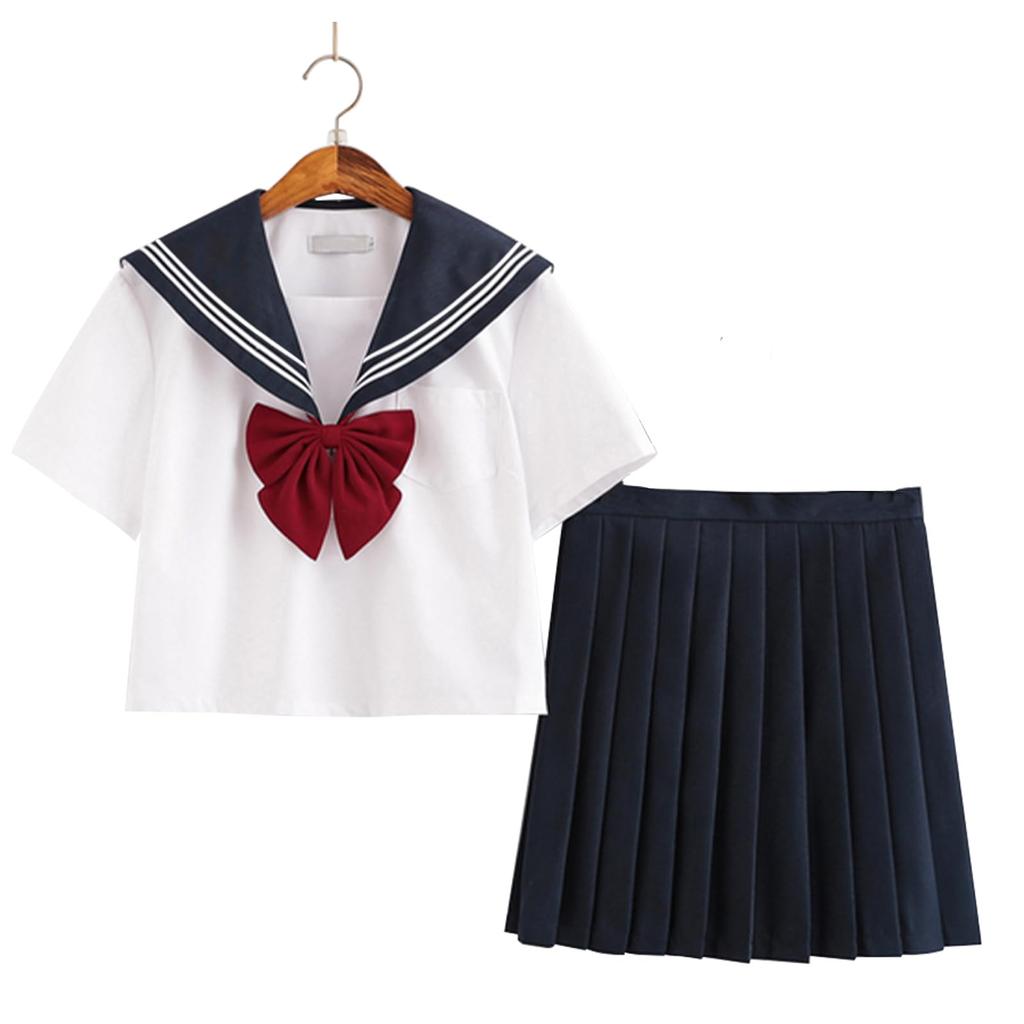 [DERAYEE] Sailor Uniform Cosplay Front-Opening Schoolgirl 4-Piece Set with Red Ribbon Skirt and Stockings White Navy (Short SizeS)
