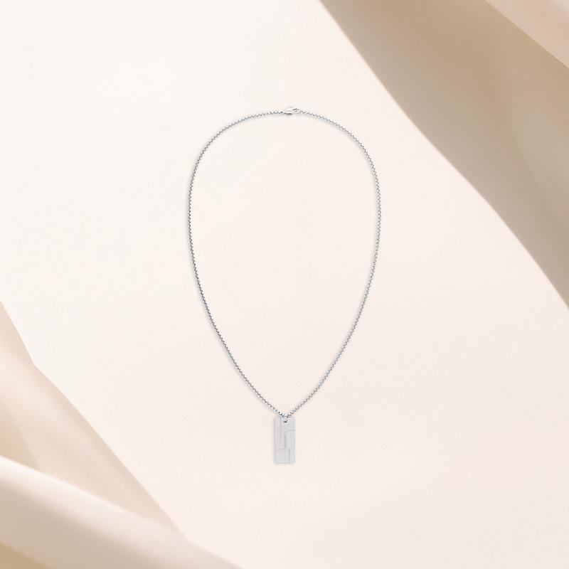 Calvin Klein Stylish Series Charming Trendy Lobster Clasp Small Square Tag Steel Necklace Men's 31885495 LX001795-000-steel color OS