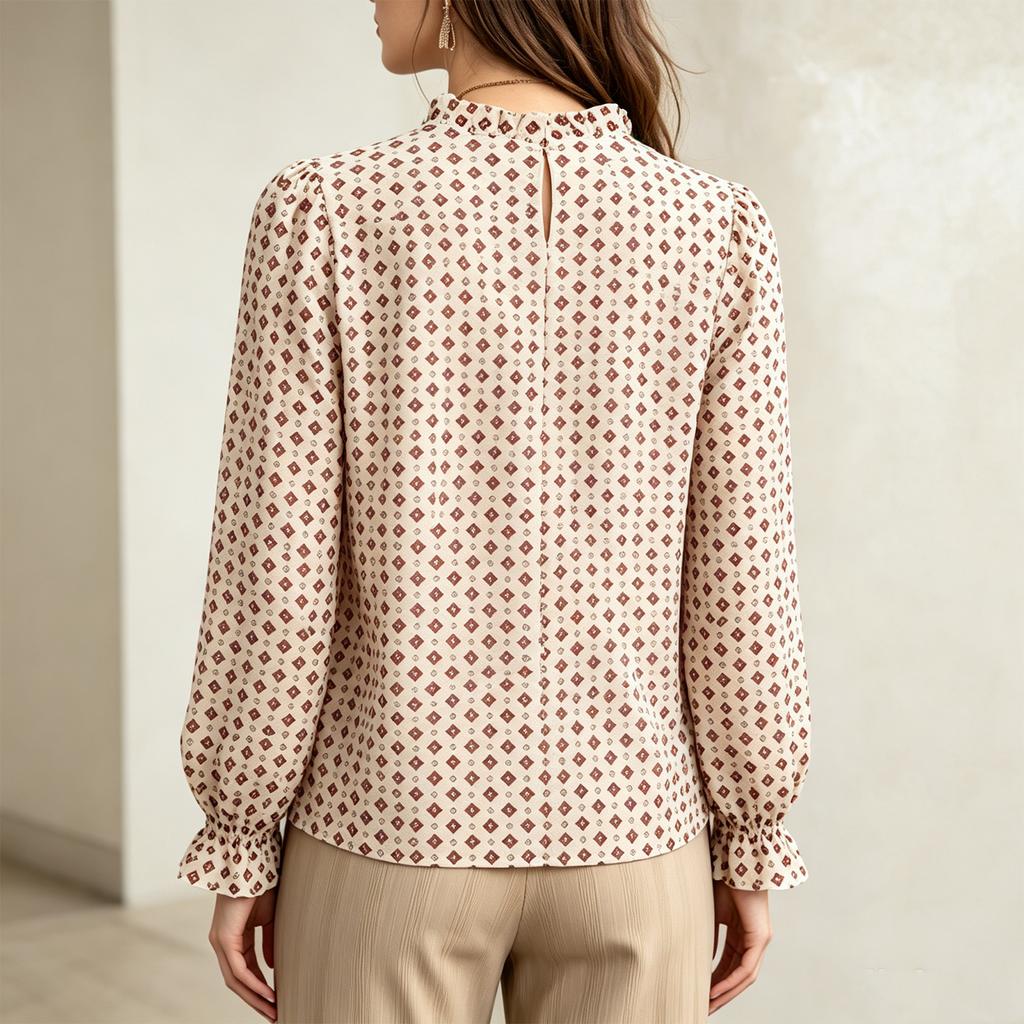Women's Casual Printed Bell Sleeve Blouse with Ruffle Stand Collar