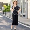 Summer Chinese Style Two-Piece Set: Short Sleeve Top & Wide Leg Pants for Middle-Aged Women