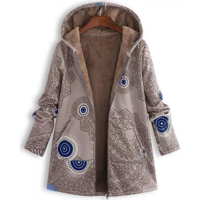 Jacket series casual printing cotton and linen printing plush inner hooded zipper women's clothing new