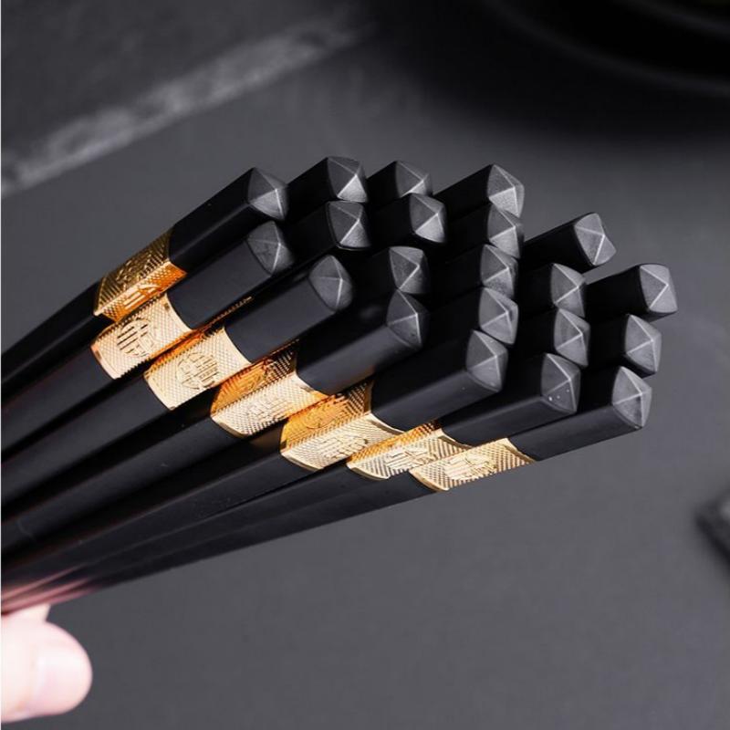 10 Pairs Household Antibacterial And Anti-Mold Alloy Chopsticks With Gold Pattern Non Slip And Heat Resistant For Home Kitchen