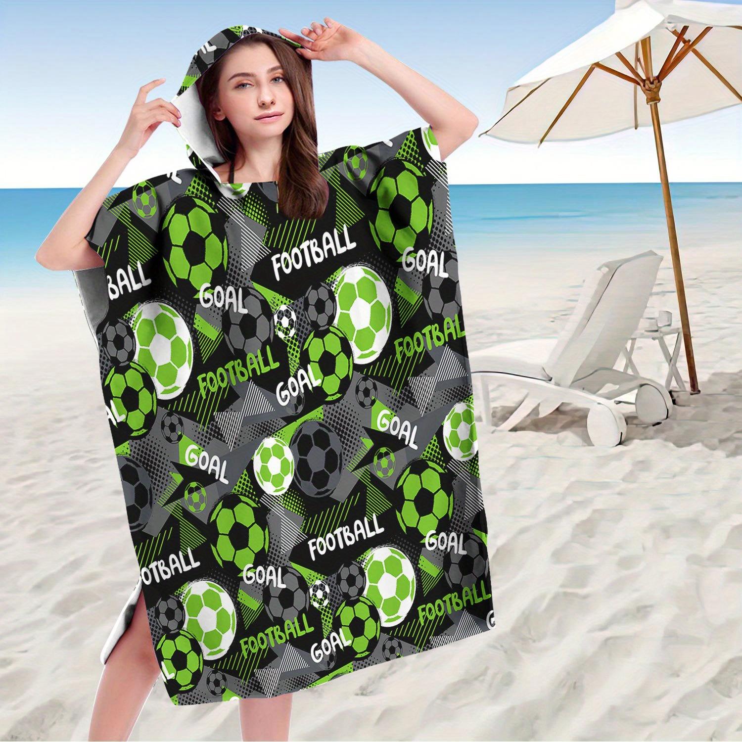 Ka Chen Muda White 1Pc Football Surf Poncho Towel Poncho Quick-Dry Microfiber Beach Robe Changing Poncho Soccer Print Beach Towel For Adults Teens