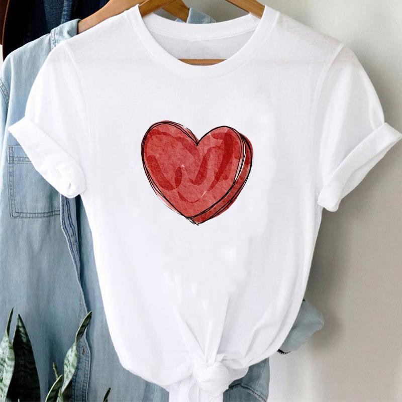 (European Size) 90s Top T Shirt Watercolor Love Heart Trend Cute Fashion Casual Clothing T-Shirt Sleeve Women Print Lady Female O-neck Graphic T-shirt