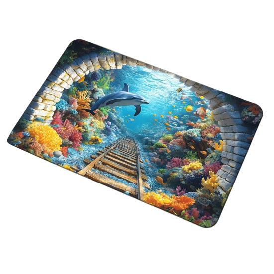 3D Underwater Cave Optical Illusion Rug Blue Ocean Small Area Rug Non-slip Kids Room Floor