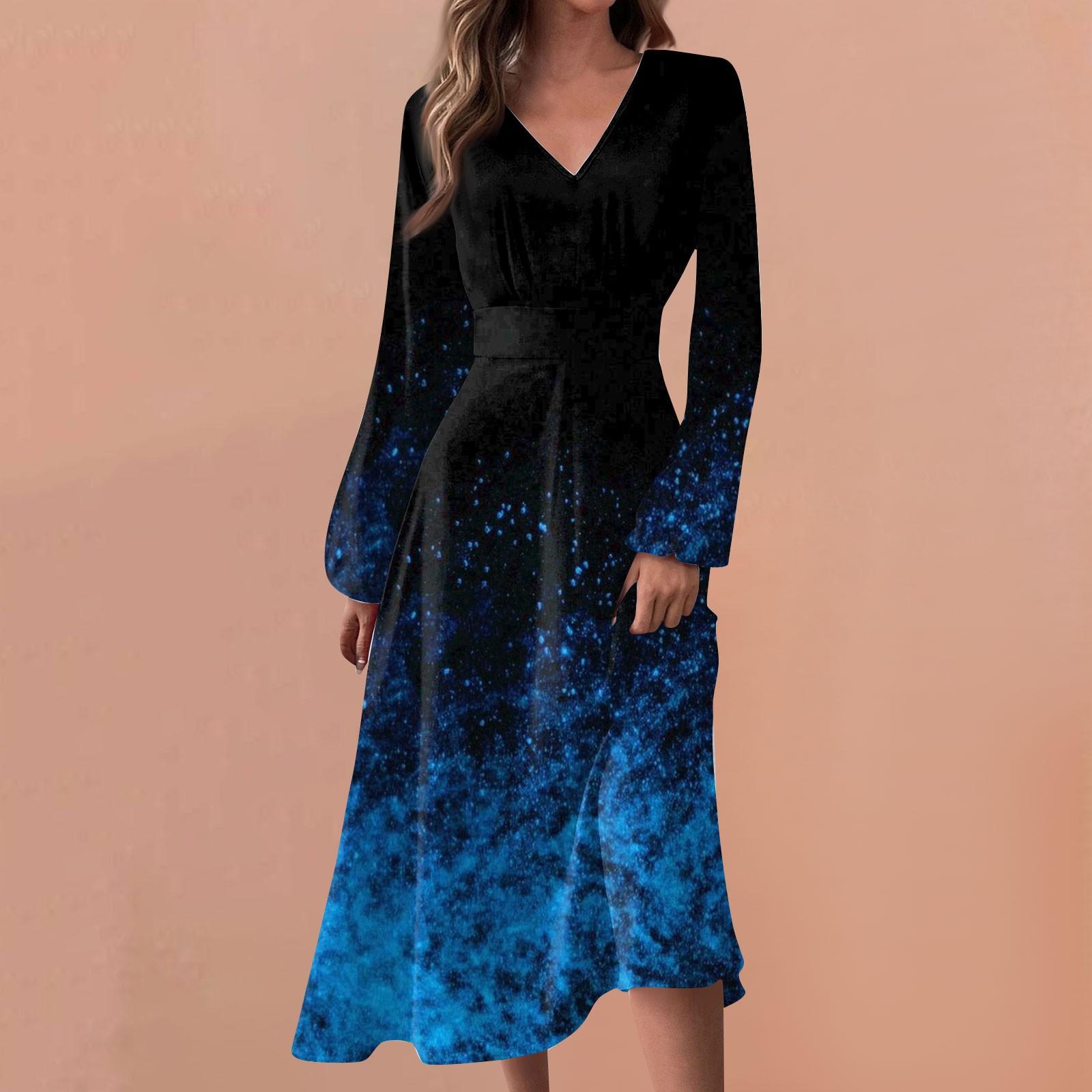 

Женские весенне-осенние повседневные модные длинные платья с v-образным вырезом и длинным рукавом с градиентным принтом L синий