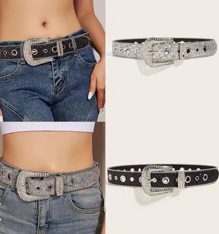 Trendy European & American Sequined Rhinestone Leather Belt