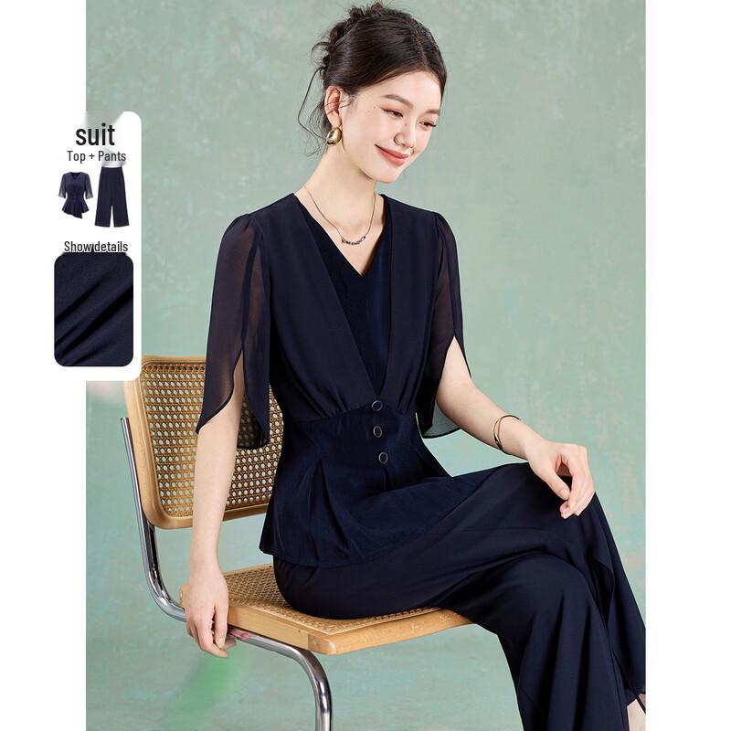 Women s Elegant V-Neck Chiffon Pleated Two-Piece Set L