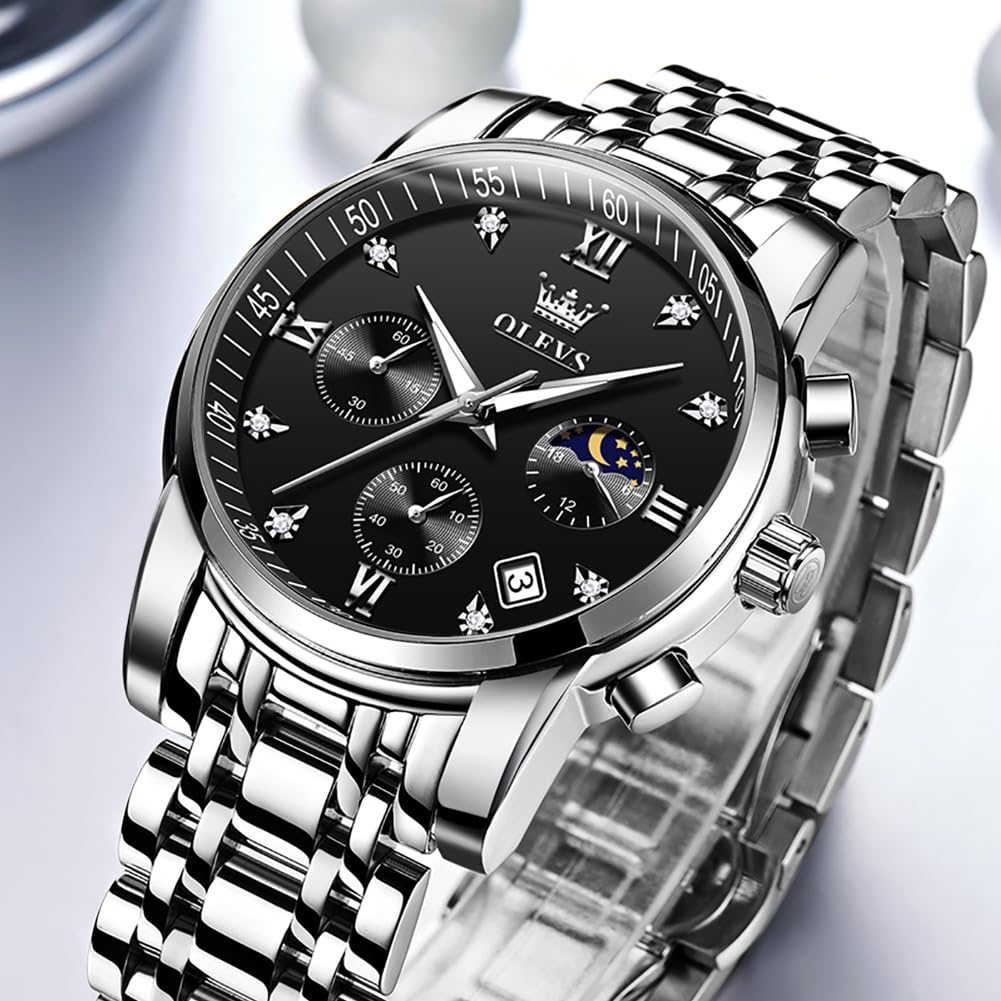 OLEVS Quartz Watch Moon Phase Waterproof Luminous Date Timer Stainless Steel Simple Fashion Watch for Men Men's (Black)
