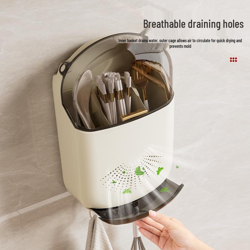 Punch-Free Wall-Mounted Chopstick and Spoon Holder - Plastic Drainage Kitchen Storage Rack