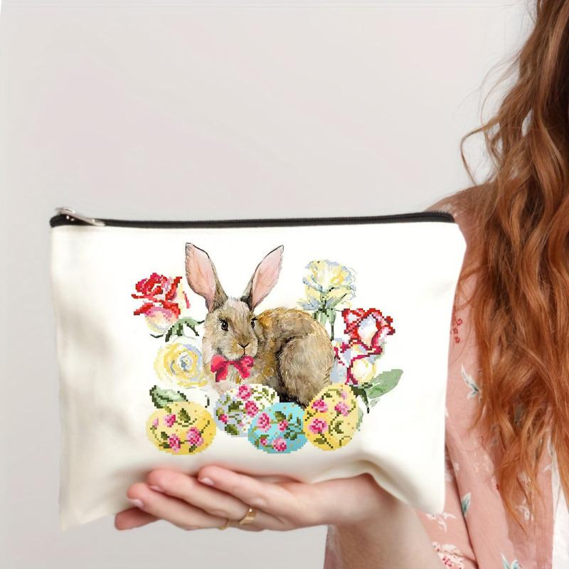 Cute Cartoon Easter Rabbit Egg Pattern Print Makeup Bag Pouch Travel Portable Cosmetics Storage Bag for Women Girls