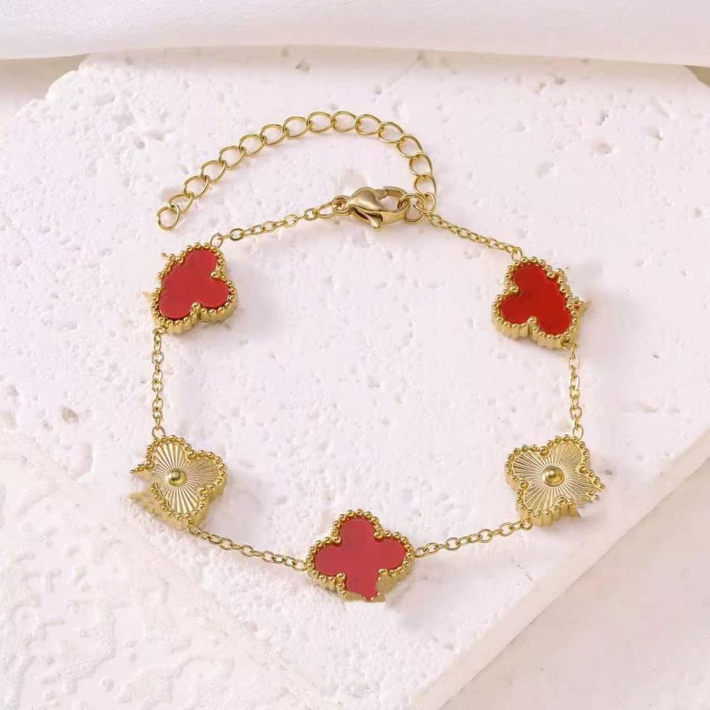 Stainless Steel 18K Double-Sided Mother-of-Pearl Four-Leaf Clover Bracelet for Men & Women - Simple Colorfast Jewelry