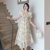 #French floral dress women's summer new small fresh gentle sweet bubble sleeves waist thin skirt