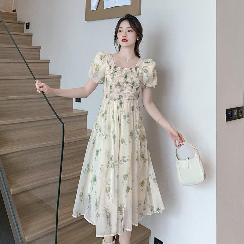 #French floral dress women's summer new small fresh gentle sweet bubble sleeves waist thin skirt