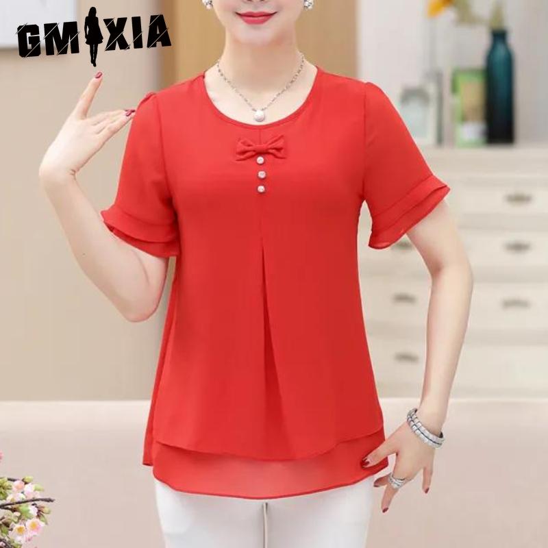 GMXIA Women's Fashion Casual Solid Color Print Short Sleeve O Neck Blouses & Shirts