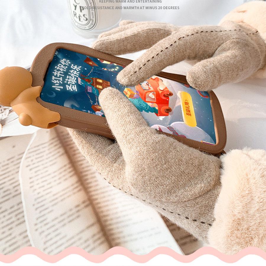 Winter Gloves Women Girl Cashmere Touch Screen Warm Gloves Elegant Outdoor Riding Wool Bow Full Cotton Finger Driving Mittens