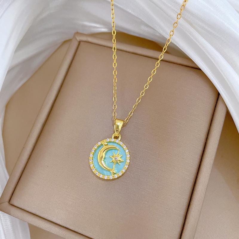 Titanium Steel, Round Star Moon Light Luxury Temperament Gorgeous Full Diamond Necklace Women'S Versatile Collarbone Chain Titanium Steel Chain