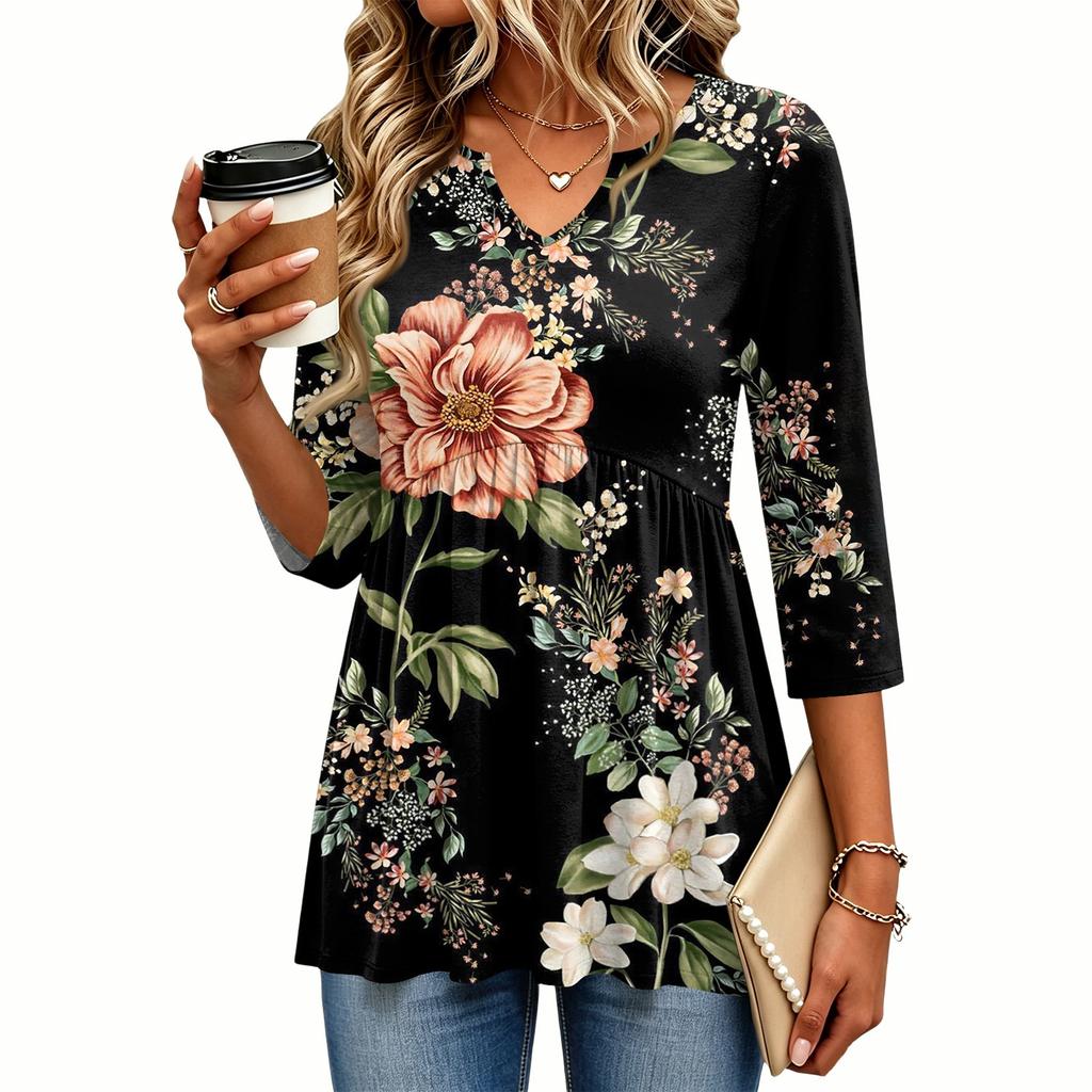 Women's Casual Floral Print V-Neck Three-Quarter Sleeve Blouse