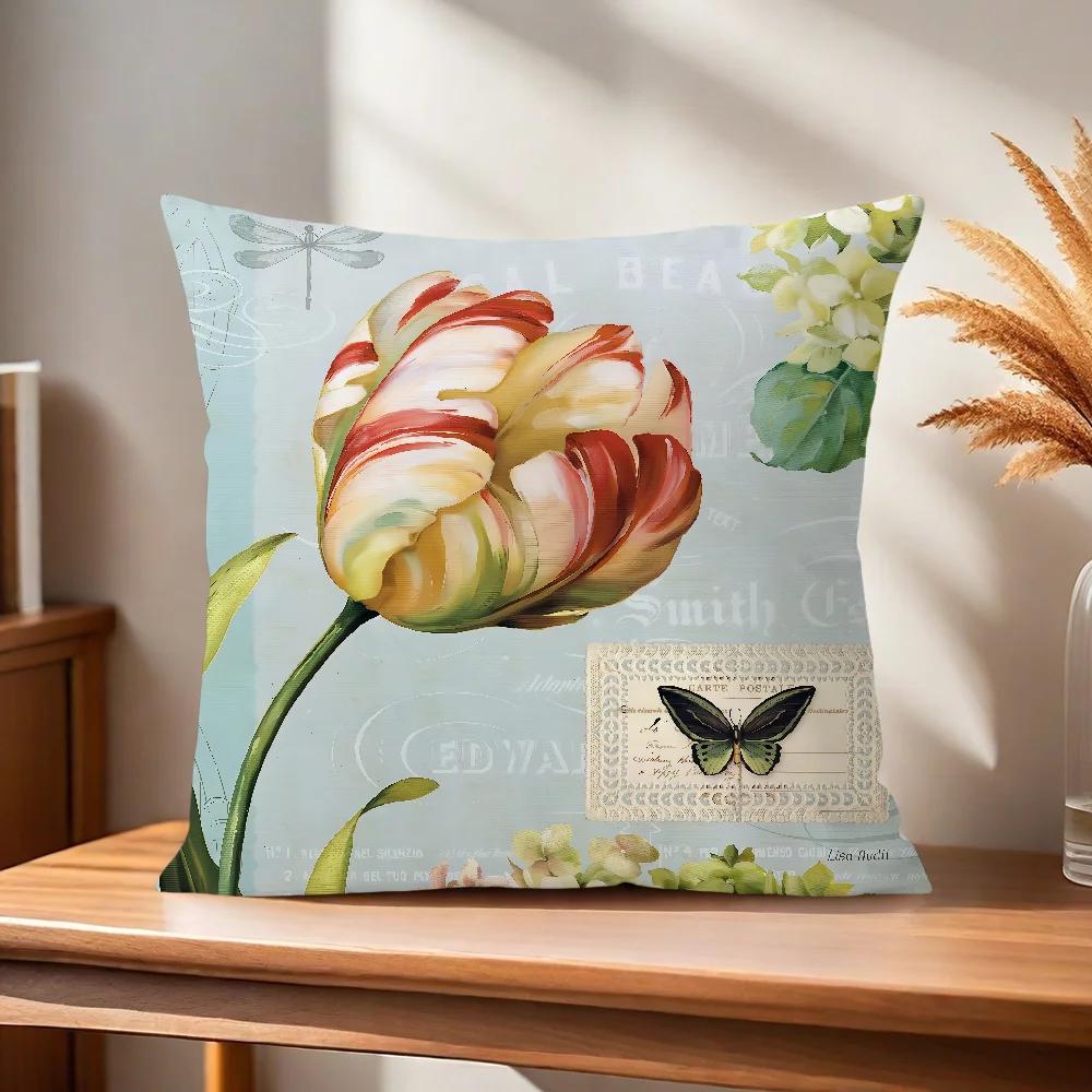 Flower Soft Pillow Case Exquisite For Sofa Living Room Retro Home Office Decor Protective Covers Style Without Art Pillow-Insert