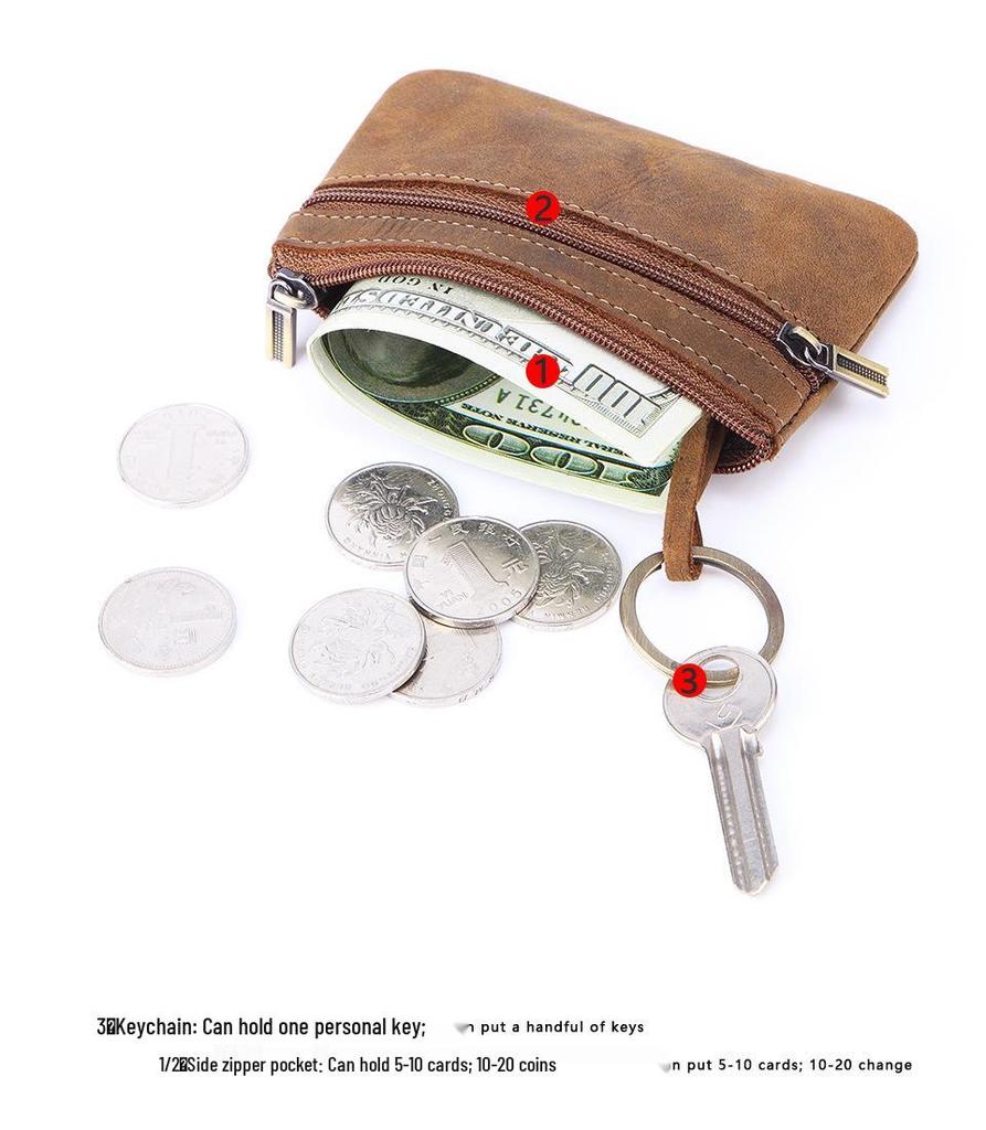 Women's Leather Coin Purse & Card Holder - Crazy Horse Leather Zippered Key Bag, Wear-Resistant Backpack Coin Storage