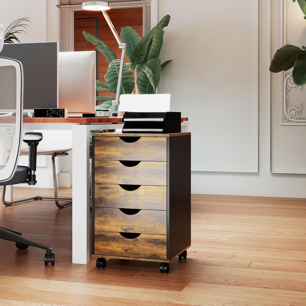 Mobile Office Pedestal, 5 Drawers, Wood, 40 x 40 x 67 cm, Brown