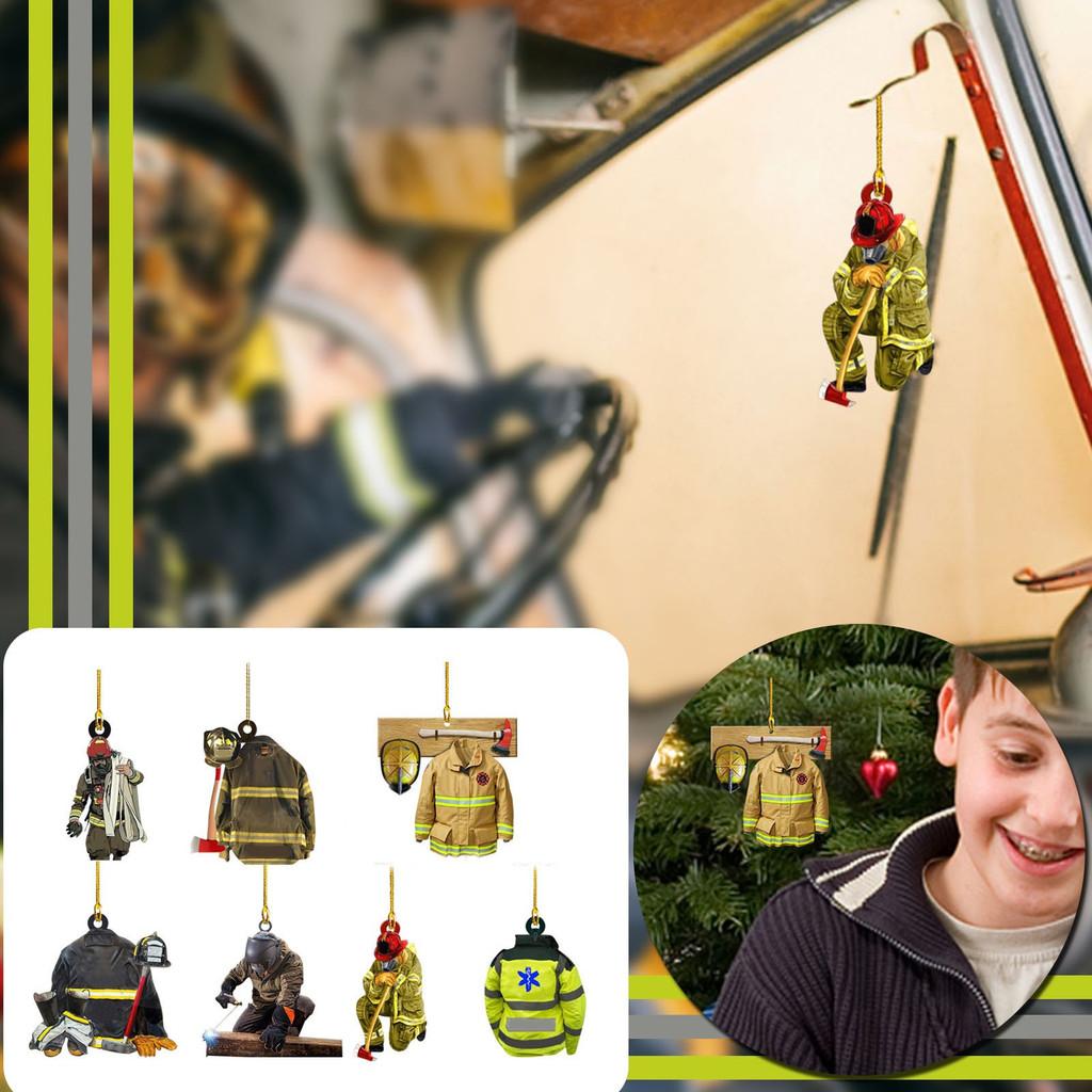 Style Vintage Acrylic Firefighter Car Hanging Ornament For Christmas Tree Decoration