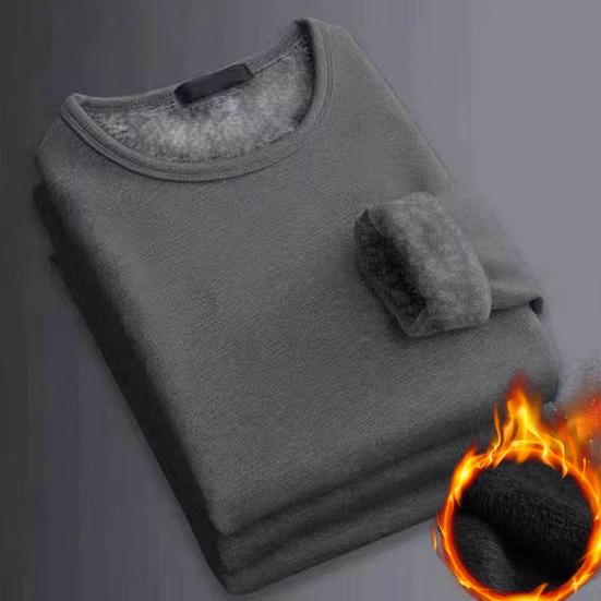 O-Neck Long Sleeve Solid Color Thick Men Top Autumn Fleece Lining Bottoming Thermal Underwear