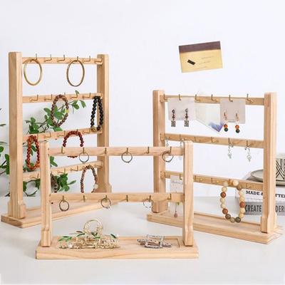 Multi-Function Wooden Jewelry Storage Rack with Hooks Simple Jewelry Display Stand Creative Multi-layer Bathroom Shelf Desktop