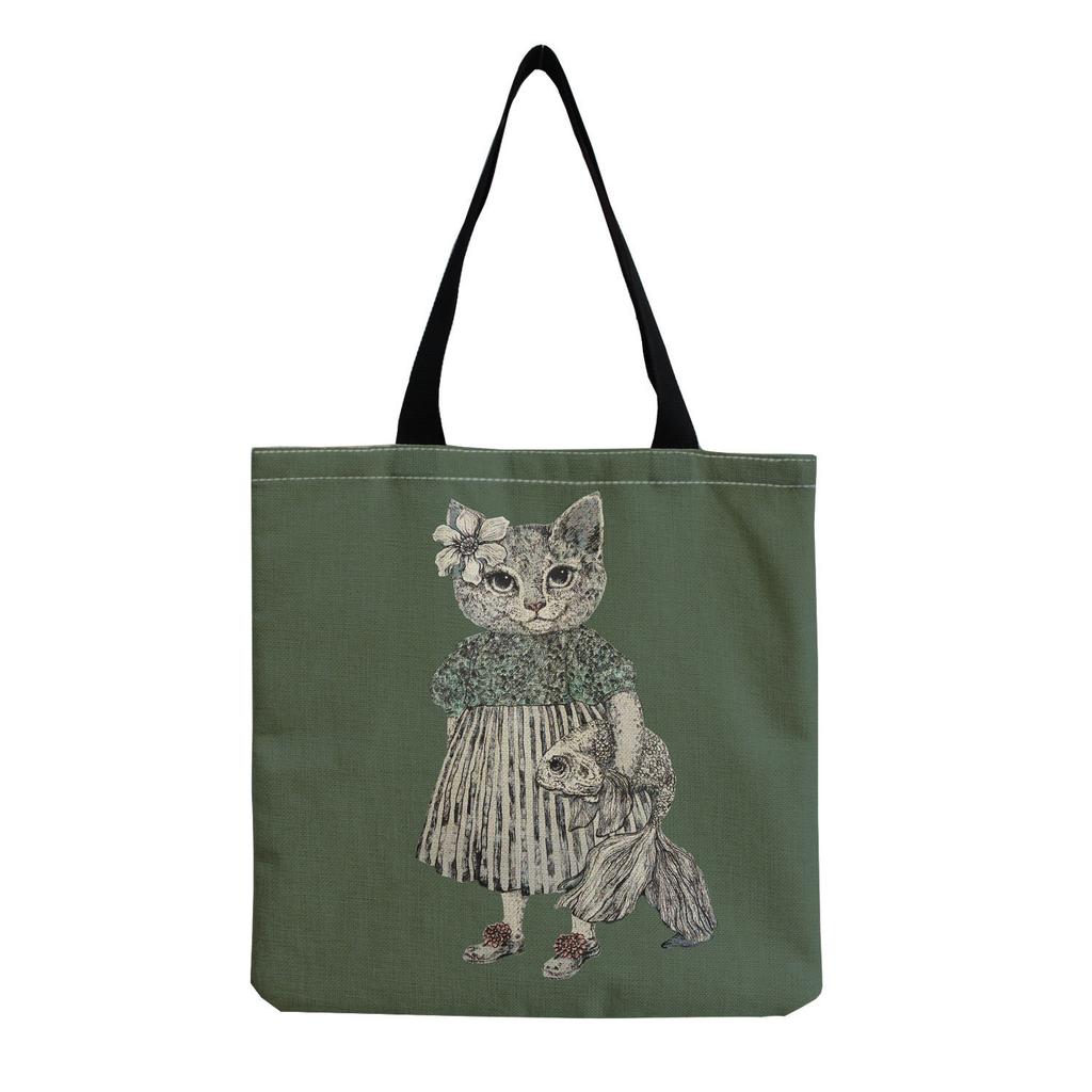 Women Vintage Linen Tote Bag - Large Capacity Cat Print Shoulder Handbag for Casual & Grocery Shopping KTB
