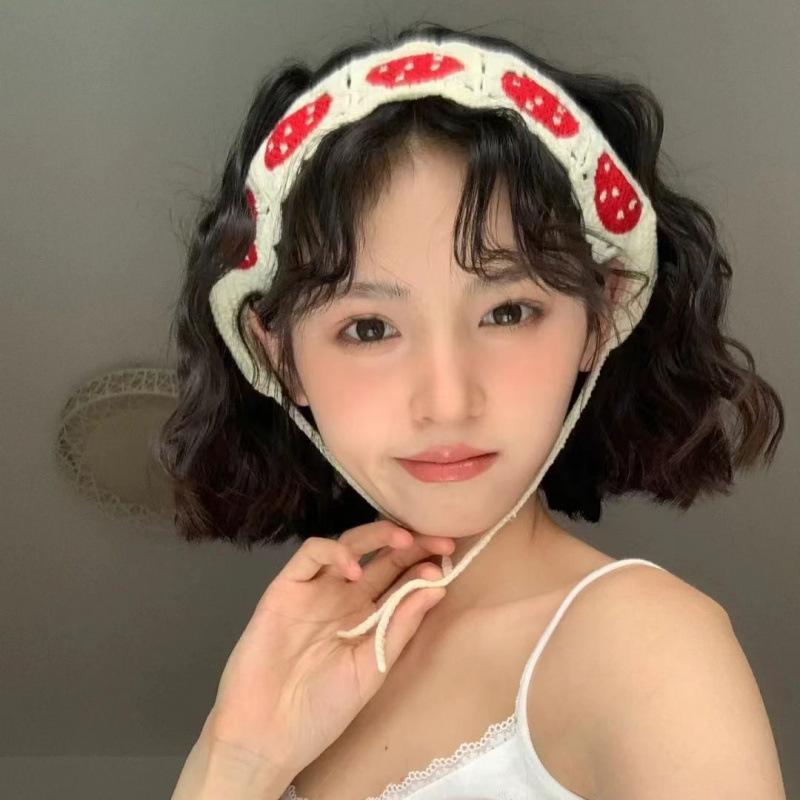 Girly Women's Small Mushroom Knitted Handmade Sweet Crochet Retro Geometric Korean Style Cute Strap Hair Headband Gift