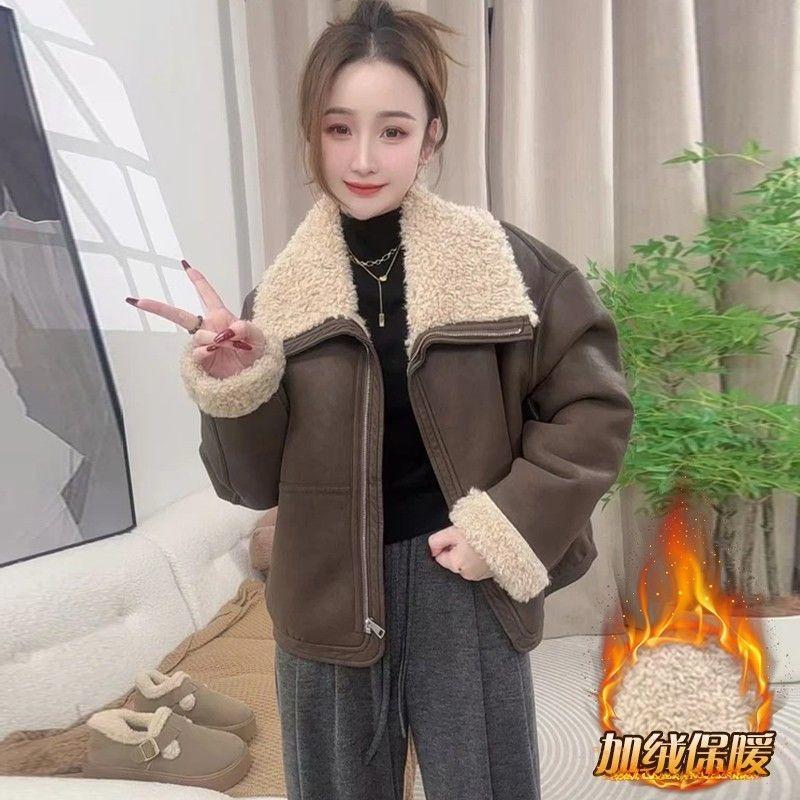 Thickened fur integrated jacket women's short winter new small lapel loose and thin leather jacket