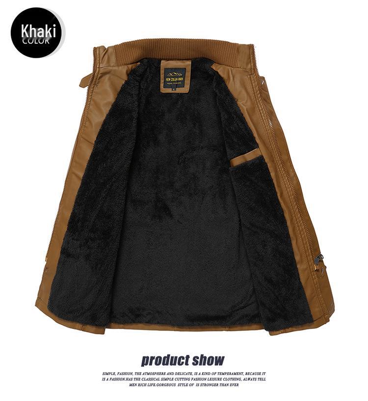 Pánská kožená bunda střední délky s fleecovou podšívkou - Hřejivý, zesílený, ležérní kardigan na zimu