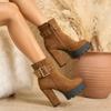 Women's Suede Chunky Heel Boots with Platform, Side Zipper, and Metal Decoration