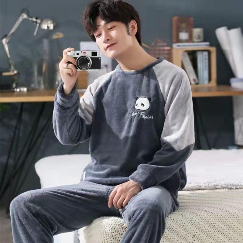 Autumn and Winter 2-Piece Set of Men's Coral Fleece Pajamas Long-Sleeved Long Trousers Boys Winter Thickened and Padded Men's