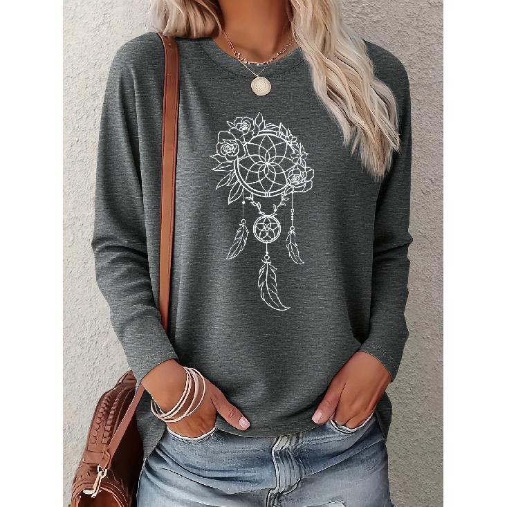 Floral Dreamcatcher Pattern Women's Casual Printed Elegant Long Sleeve fashion vintage beautiful party women's clothing A cute round-neck top,