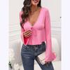 Women's Summer Commuter Elegant V-Neck Knit Tie Long Sleeve Top