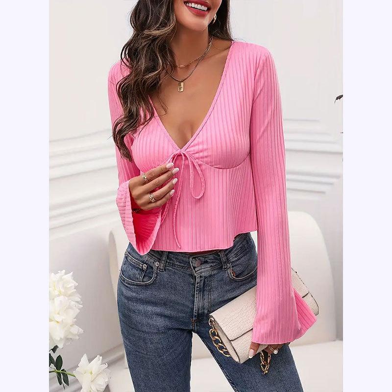 Women's Summer Commuter Elegant V-Neck Knit Tie Long Sleeve Top