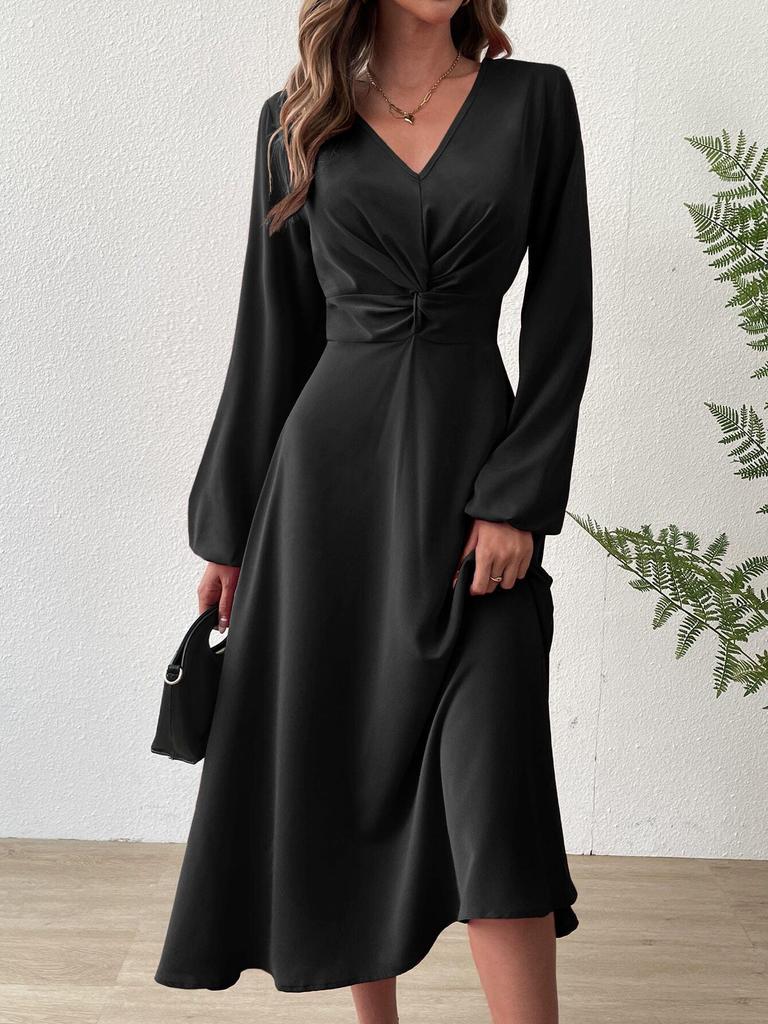Elegant V-Neck Long Sleeve Lantern Dress - Solid Color Waist-Cinched Mid-Length Skirt for Spring