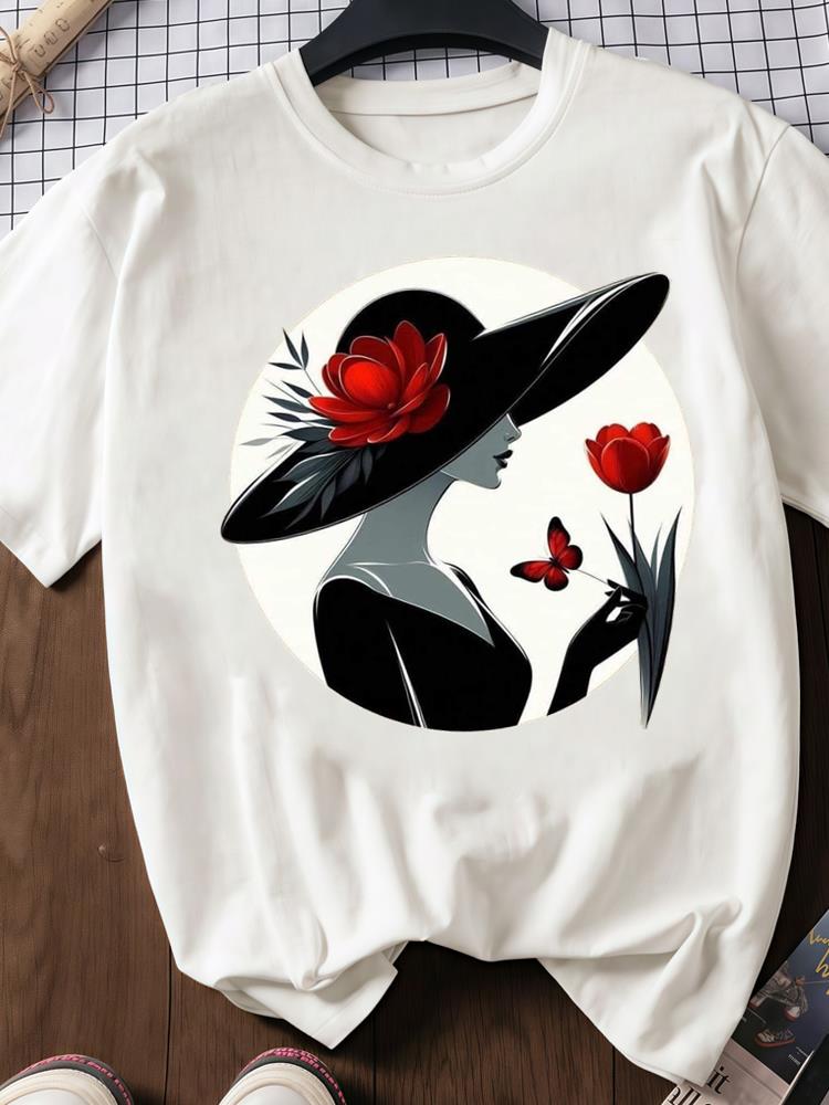 (Asian Size) Trend Sweet Flower 90s Print O-neck Short Sleeve T-shirts Fashion Female Casual Women's Top T Clothing Graphic Tee