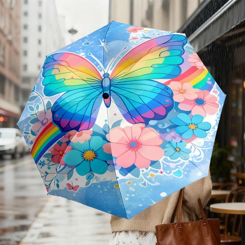 1pc Butterfly Rainbow Pattern Umbrella Design Automatic Opening and Closing Umbrella, High-quality Travel Umbrella,  C1128261